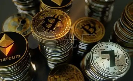 Bitcoin miner operating in a US mining hosting facility, generating powerful hash rates amidst a digital backdrop
